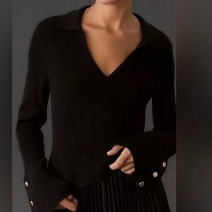 Anthropologie Maeve Bell-Sleeve Polo Sweater Black Ribbed fitted Size XSmall